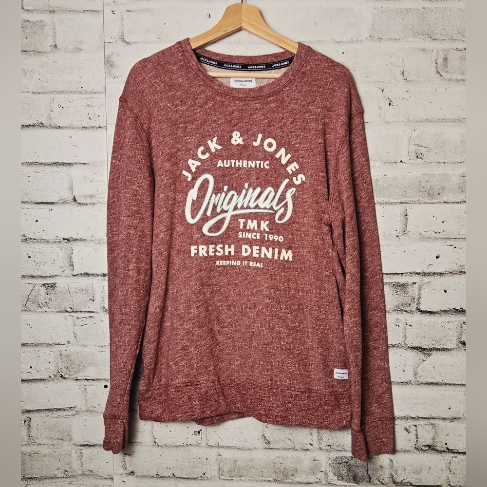 Jack & Jones Originals XL Marled Red Graphic Crewneck Sweatshirt Cotton